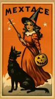 witch woman cute Postage Stamp retro vintage 1930s Halloweens pumpkin illustration scan poster photo