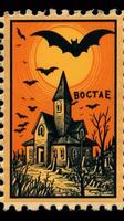 castle house bats moon cute Postage Stamp retro vintage 1930s Halloweens illustration scan poster photo