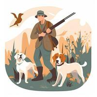 rifle hunter dogs flat vector clipart illustration website style profession job isolated photo