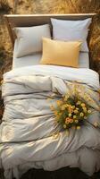 bed in the field relaxation pillow coverlet flowers place dream soft cover photo bedroom air zen