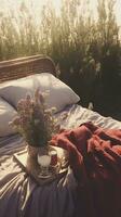 bed in the field relaxation pillow coverlet flowers place dream soft cover photo bedroom air zen