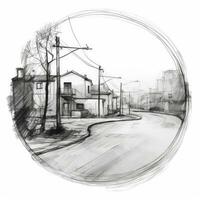 chalk pencil landscape sketch doodle realistic simple poster round wall art hand drawn photo