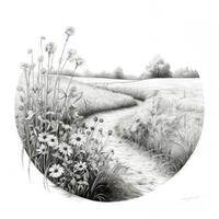 flower field chalk pencil landscape sketch doodle realistic simple poster round art hand drawn photo