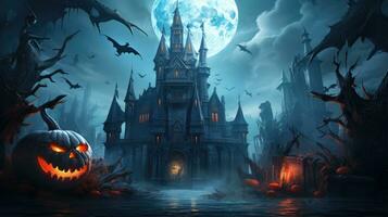 Halloween wallpaper castle spooky mystery scary illustration artwork night moon pumpkin photo