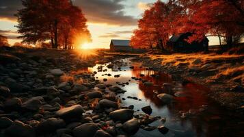 otoño casa de Campo lago puesta de sol pacífico paisaje libertad escena hermosa naturaleza fondo de pantalla foto