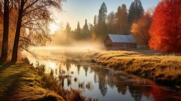 fall farmhouse lake sunset peaceful landscape freedom scene beautiful nature wallpaper photo