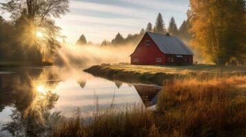 fall farmhouse lake sunset peaceful landscape freedom scene beautiful nature wallpaper photo