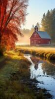 fall farmhouse lake sunset peaceful landscape freedom scene beautiful nature wallpaper photo