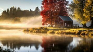 fall farmhouse lake sunset peaceful landscape freedom scene beautiful nature wallpaper photo