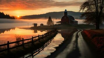 fall farmhouse lake sunset peaceful landscape freedom scene beautiful nature wallpaper photo