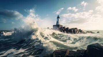 lighthouse storm waves splash peaceful landscape freedom scene beautiful nature wallpaper photo