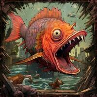 loco pescado enojado furioso enojado retrato expresivo ilustración obra de arte petróleo pintado bosquejo tatuaje foto