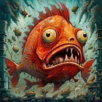 crazy fish angry furious mad portrait expressive illustration artwork oil painted sketch tattoo photo