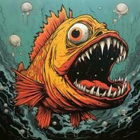 loco pescado enojado furioso enojado retrato expresivo ilustración obra de arte petróleo pintado bosquejo tatuaje foto