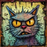 loco gato gatito furioso enojado retrato expresivo ilustración obra de arte petróleo pintado bosquejo tatuaje foto