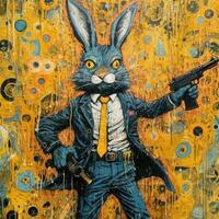 crazy rabbit hare gun mad portrait expressive illustration artwork oil painted sketch tattoo photo