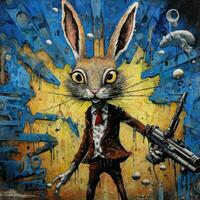 crazy rabbit hare gun mad portrait expressive illustration artwork oil painted sketch tattoo photo