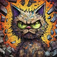 crazy cat kitty furious mad portrait expressive illustration artwork oil painted sketch tattoo photo