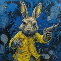 crazy rabbit hare gun mad portrait expressive illustration artwork oil painted sketch tattoo photo