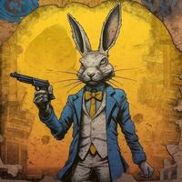 crazy rabbit hare gun mad portrait expressive illustration artwork oil painted sketch tattoo photo