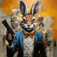 crazy rabbit hare gun mad portrait expressive illustration artwork oil painted sketch tattoo photo