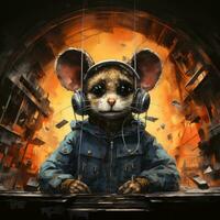 crazy mouse DJ furious mad portrait expressive illustration artwork oil painted sketch tattoo photo