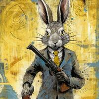 crazy rabbit hare gun mad portrait expressive illustration artwork oil painted sketch tattoo photo