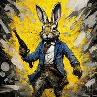 crazy rabbit hare gun mad portrait expressive illustration artwork oil painted sketch tattoo photo
