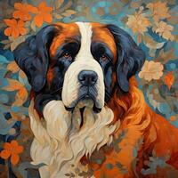 saint bernard dog hand draw painting artwork graphic oil landscape indigo orange poster scenery sunset photo