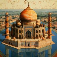 taj mahal hand draw painting artwork graphic oil landscape indigo orange poster scenery sunset photo