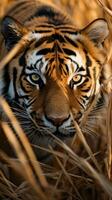 tiger hidden predator photography grass national geographic style 35mm documentary wallpaper photo