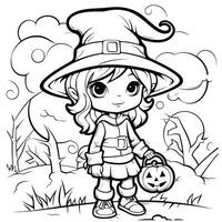 witch girl simple children coloring page Halloween cute white background book isolated bold scary photo