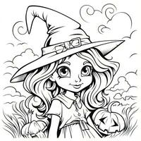 witch girl simple children coloring page Halloween cute white background book isolated bold scary photo