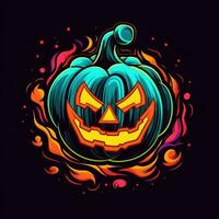 calabaza Jack linterna neón icono logo Víspera de Todos los Santos linda de miedo brillante ilustración tatuaje aislado vector foto