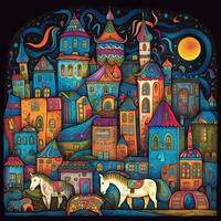 fancy ornate doodle child book illustration fantasy cute drawing cartoon landscape horse towers photo