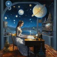 mujer leyendo misterioso astrología fantasía zodíaco ilustración tarot destino futuro oculto hembra foto