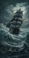 ship sea wave epic dark fantasy illustration art scary detailed poster oil painting apocalypse photo