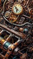 steampunk retro vintage perfect details brass cooper pipes car mechanism gears illustration photo