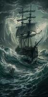 ship sea wave epic dark fantasy illustration art scary detailed poster oil painting apocalypse photo