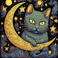 cat kitty abstract psychodelia illustration rich doodle image star moon universe poster photo