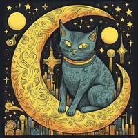 cat kitty abstract psychodelia illustration rich doodle image star moon universe poster photo