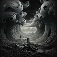 ship sea wave epic dark fantasy illustration art scary detailed poster oil painting apocalypse photo