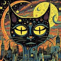 cat kitty abstract psychodelia illustration rich doodle image star moon universe poster photo