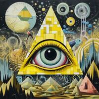 surreal abstract eye triangle pyramid magic mason tattoo yellow illustration artwork poster photo