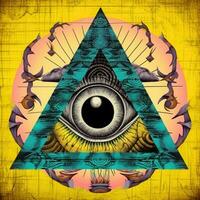 surrealista resumen ojo triángulo pirámide magia masón tatuaje amarillo ilustración obra de arte póster foto