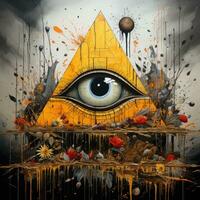 surreal abstract eye triangle pyramid magic mason tattoo yellow illustration artwork poster photo