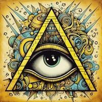 surreal abstract eye triangle pyramid magic mason tattoo yellow illustration artwork poster photo