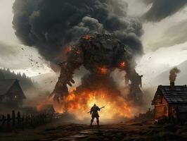 giant battler robot village fire battle fight illustration poster cover game assets art photo