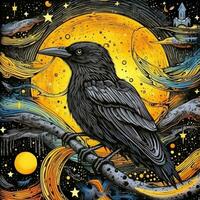 misterio cuervo cuervo Luna magia resumen surrealista obra de arte ilustración Clásico dibujo foto