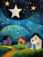 ilustración para niños libro noche paisaje estrellas pueblo Luna fantasía póster dibujos animados obra de arte foto